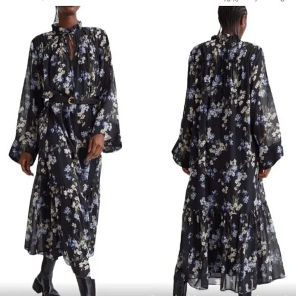 H&M Size S Ruffled Floral Chiffon Maxi Dress, Blue with Floral Pattern, NEW - Picture 1 of 16